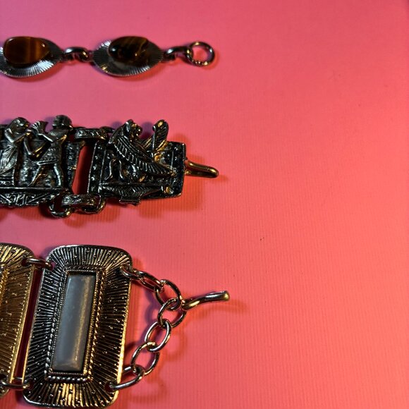 3 Bracelets * Tiger Eye Teeth Silver tone* Celluloid Blue Rectangles* Egyptian - Picture 14 of 15